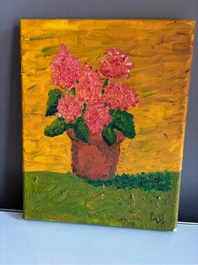 Original Oil Painting Geraniums In TerraCotta Pot 8 x 10” Canvas